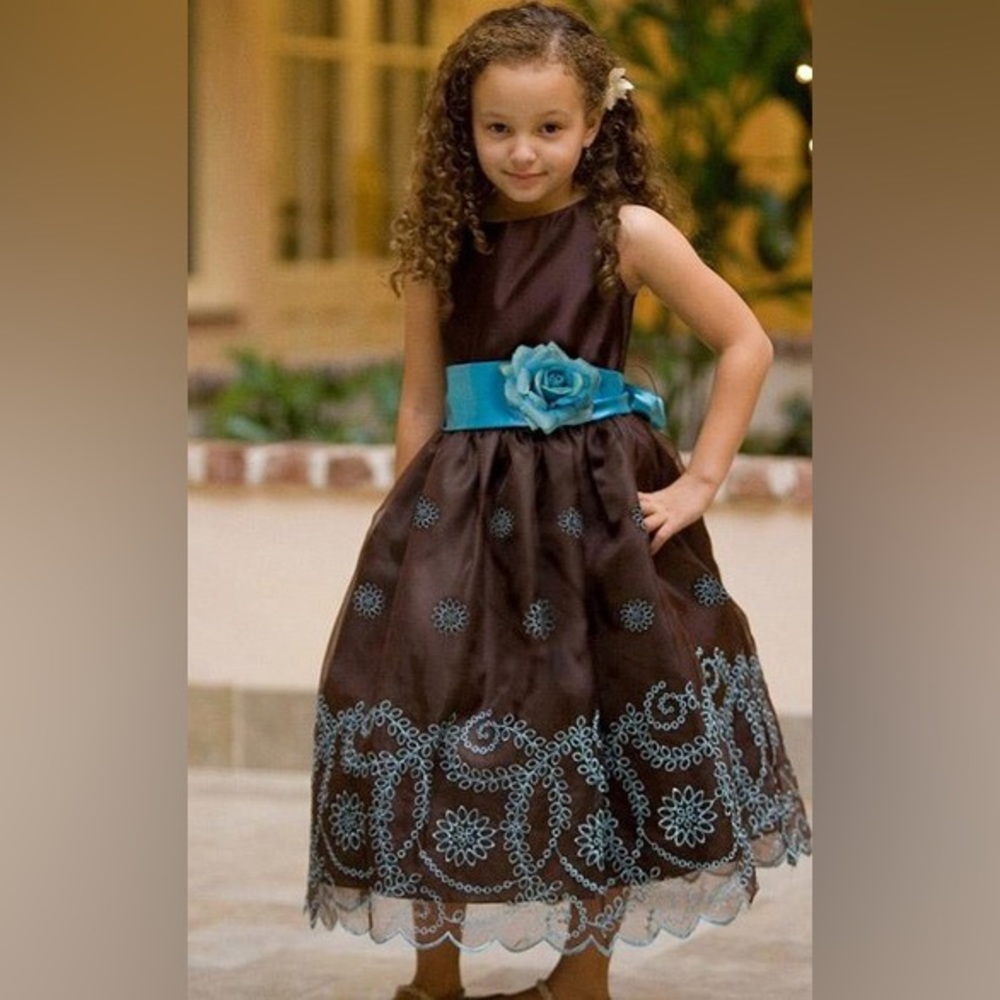 Brown and aqua flower kids dress by kids dreams